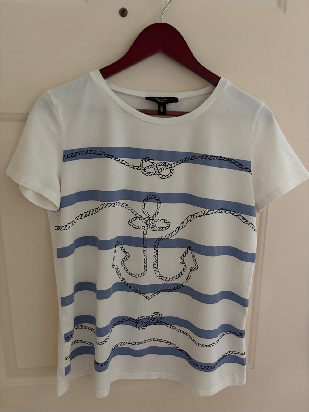 MaxMara White Short-Sleeve Tee with Blue Anchor Stripes